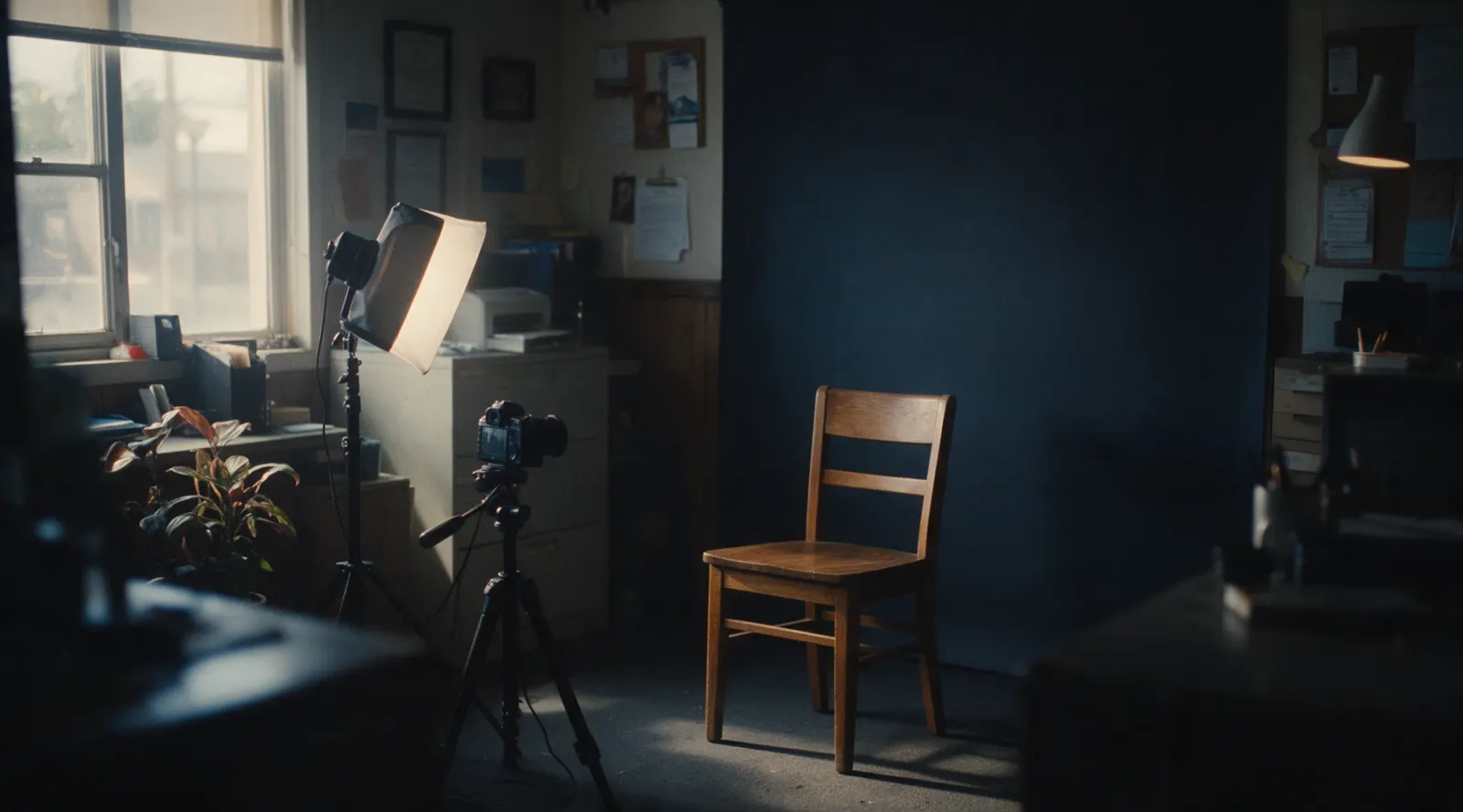 A small office corner set up for filming, a camera on a tripod facing an empty chair under one soft light